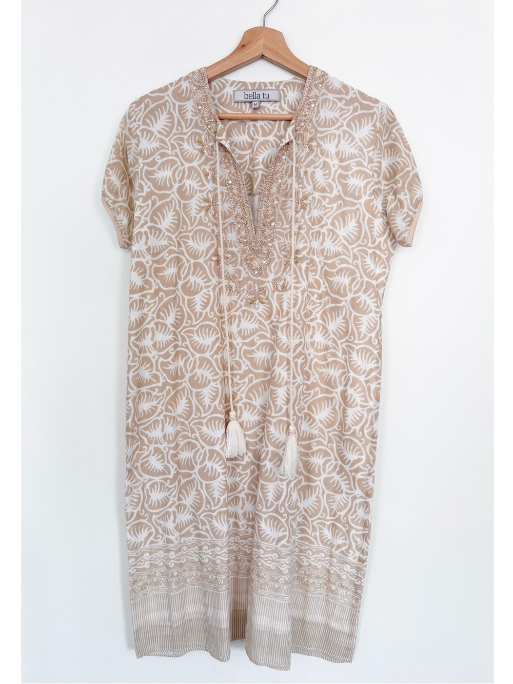 Bella Tu || Beaded‎ Popover Dress Cover Up Leaf Print Tan Medium
